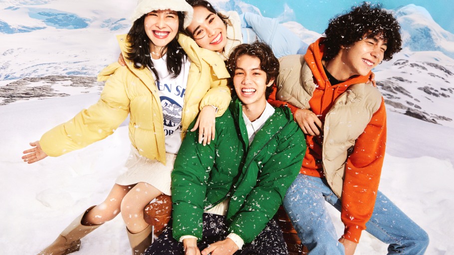 GU winter campaign, models wear trendy cold weather clothing